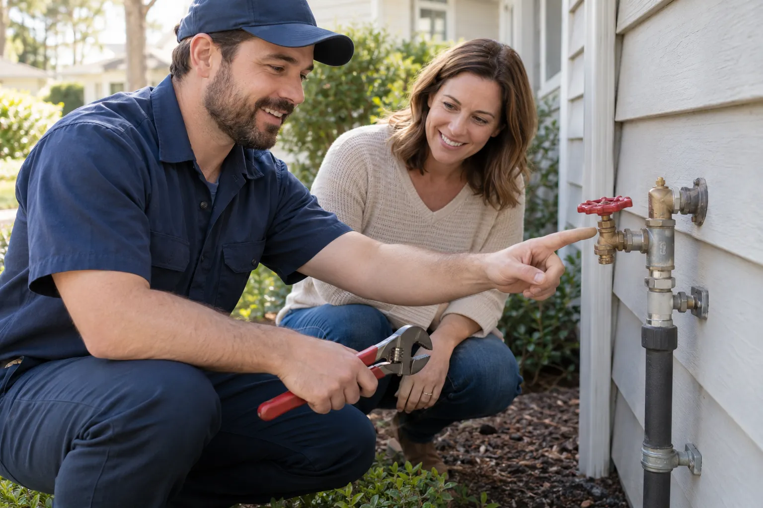 Provider checking a shutoff valve at a home in the Woodside area